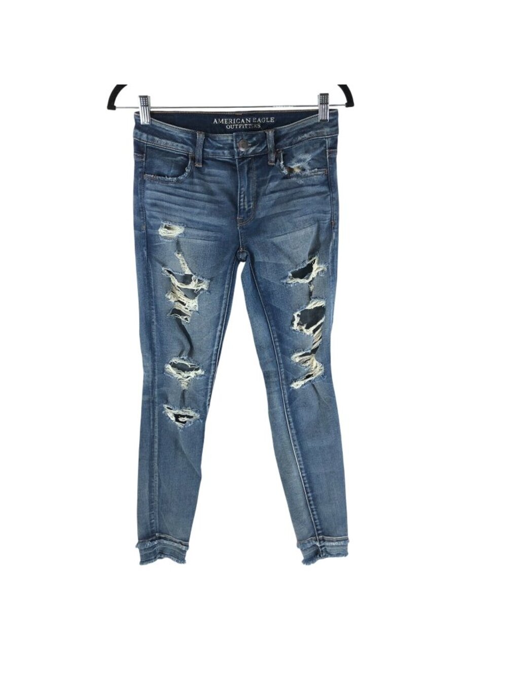 American Eagle Jegging Jeans Distressed Raw Hem Medium Wash Super Stretch 4